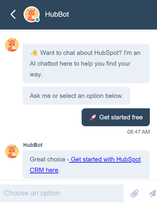 Obrázek ukazující, jak vypadá konverzace live chat prostřednictvím HubSpot