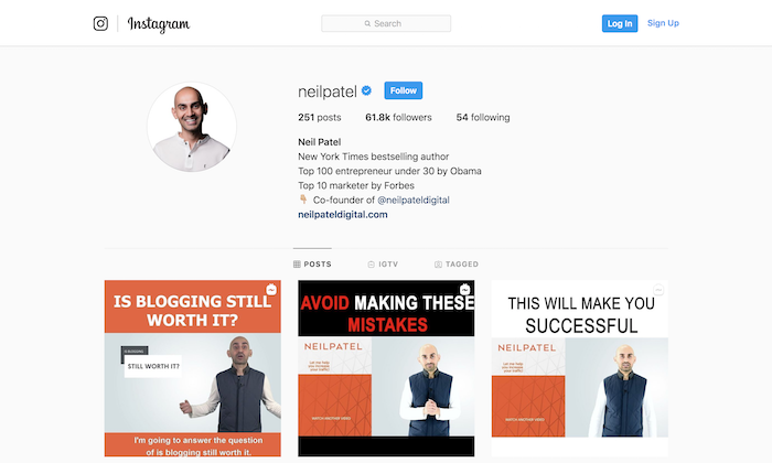 Neil Patel sdílející odbornost v digitálním marketingu na Instagramu