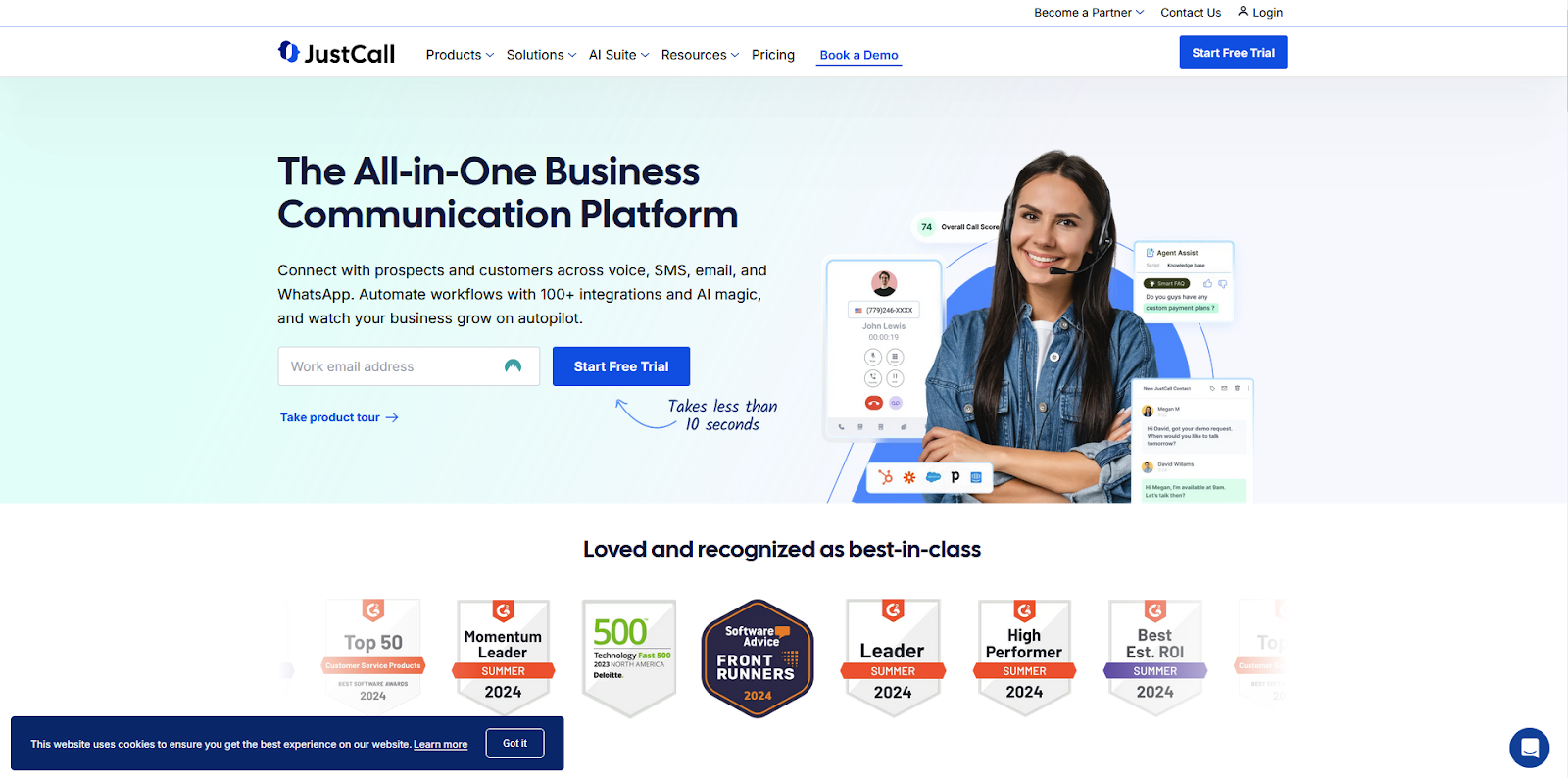 Domovská stránka software call centra JustCall