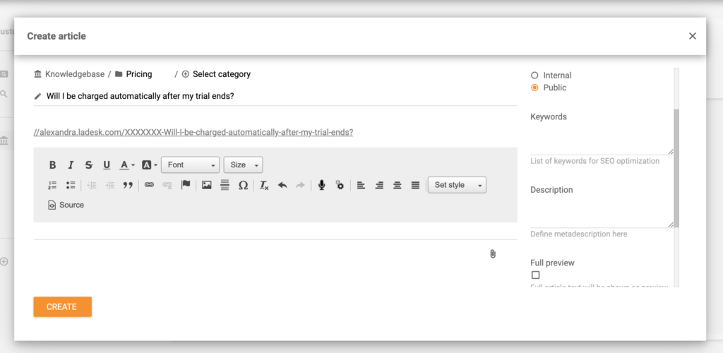Vytváření článku znalostní báze v LiveAgent