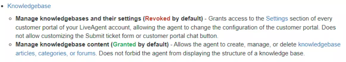 Obrázek ukazující příklady různých oprávnění, která mohou mít uživatelé týkající se jejich znalostní báze