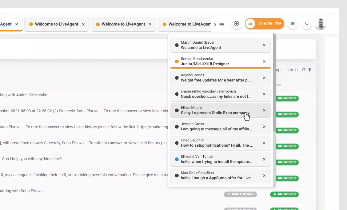 LiveAgent - Seznam otevřených lístků