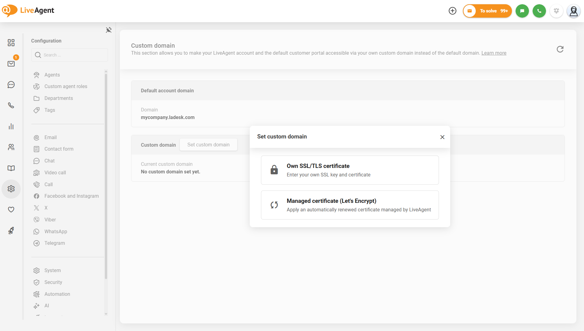 Nastavení vlastní domény LiveAgent s možností spravovaného certifikátu Let's Encrypt