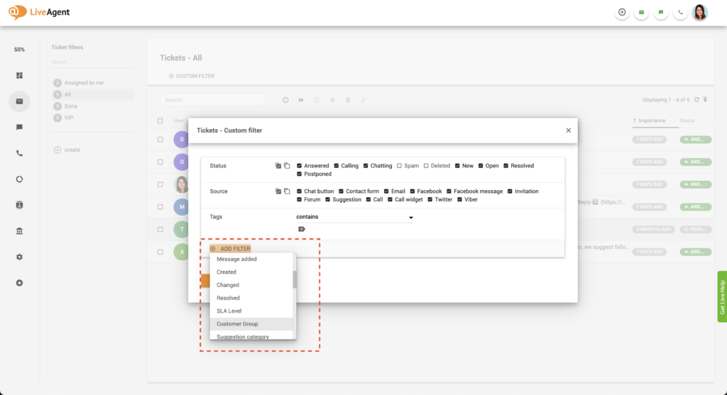 LiveAgent Přidat filtr zákazníka