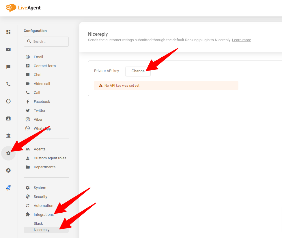 Obrázek ukazuje, kam umístit vygenerovaný klíč API ve vašem účtu LiveAgent