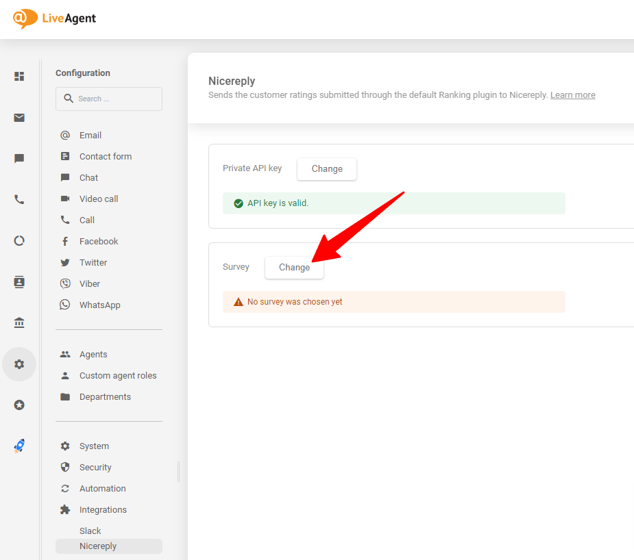 Vyberte průzkum Nicereply, který chcete používat po vložení klíče API do vašeho LiveAgent