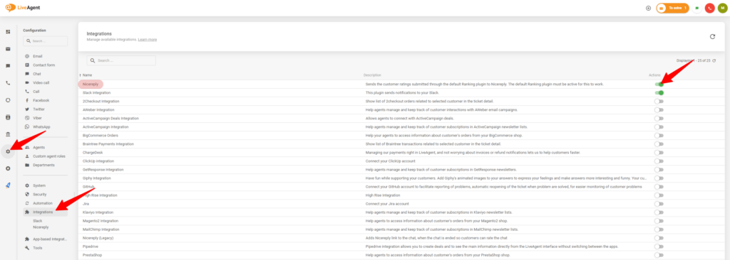 Proces povolení integrace s Nicereply v nastavení LiveAgent