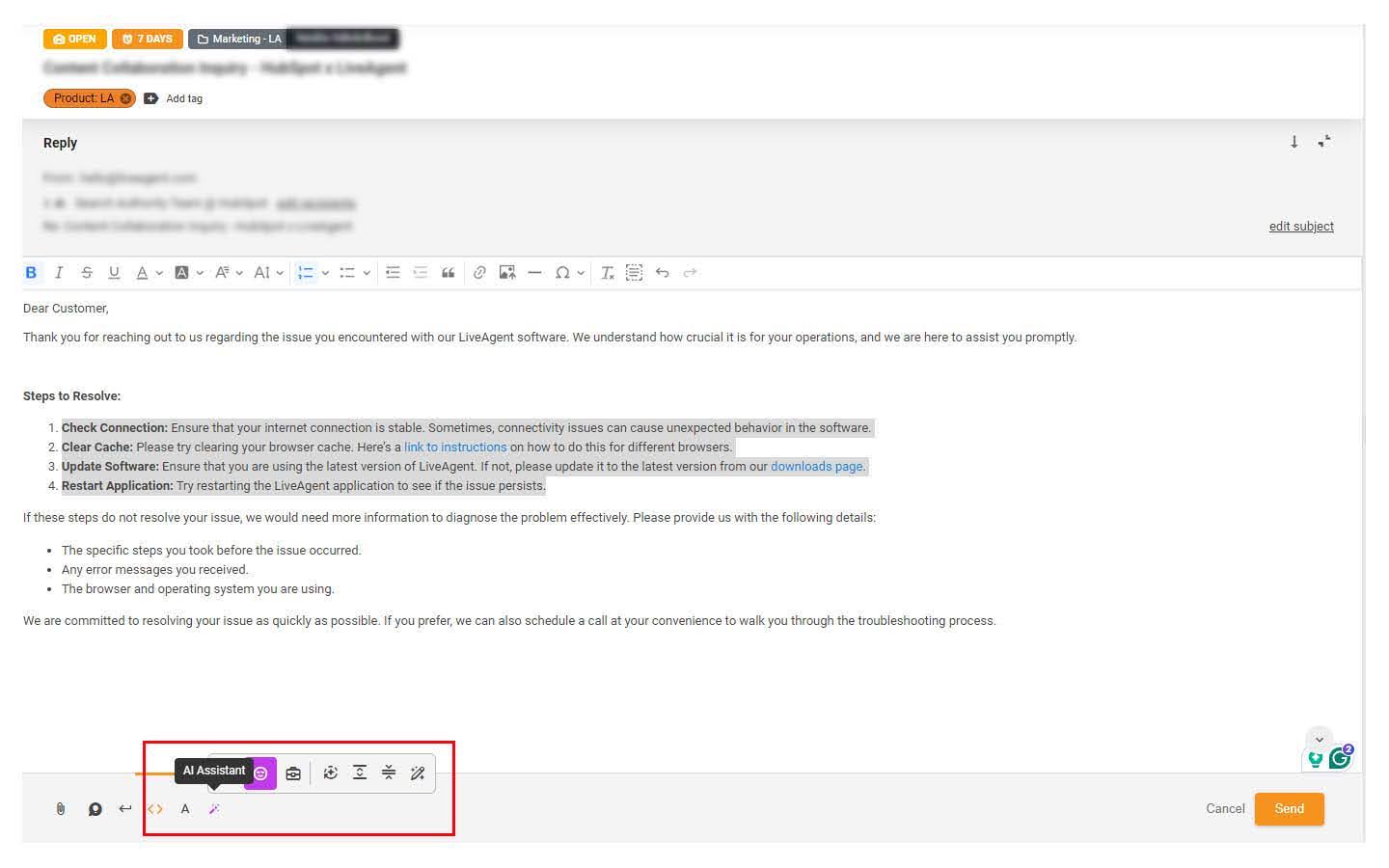 Rozhraní asistenta odpovědí AI LiveAgent