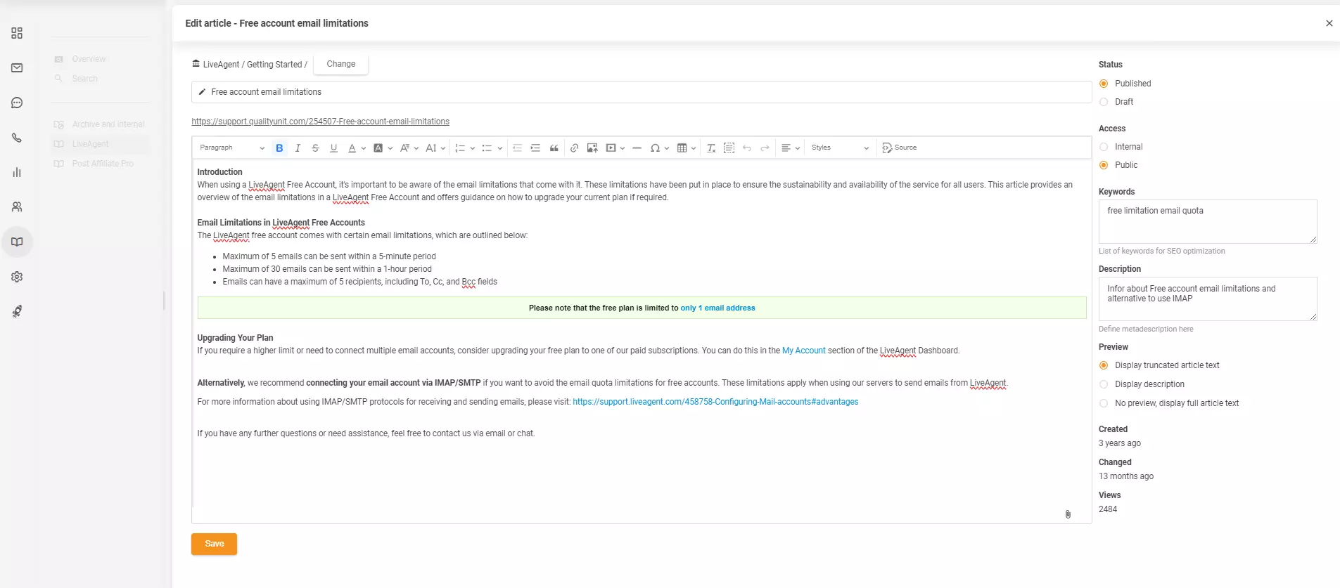 Editor článků v LiveAgent