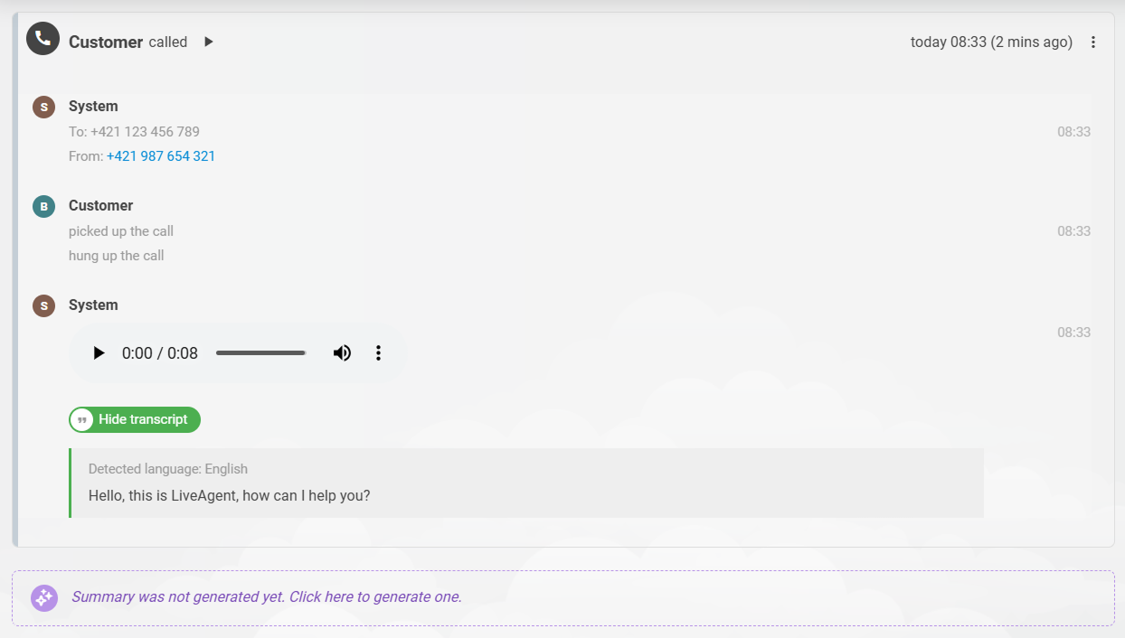 Přepis hovorů LiveAgent: časová osa tiketu zobrazující nahrávku hovoru s přepisem pod audio přehrávačem