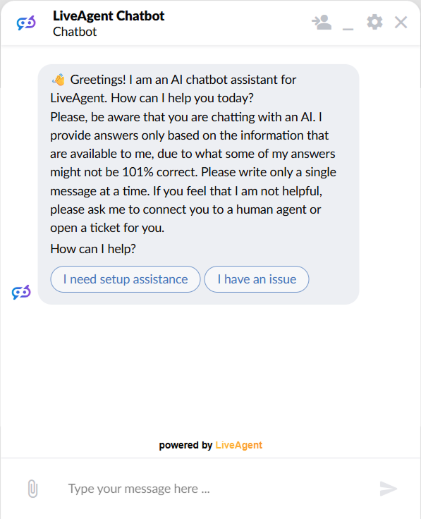Okno chatu LiveAgent zobrazující uvítání AI chatbotu se dvěma klikatelnými tlačítky pro pomoc s nastavením a nahlášení problému