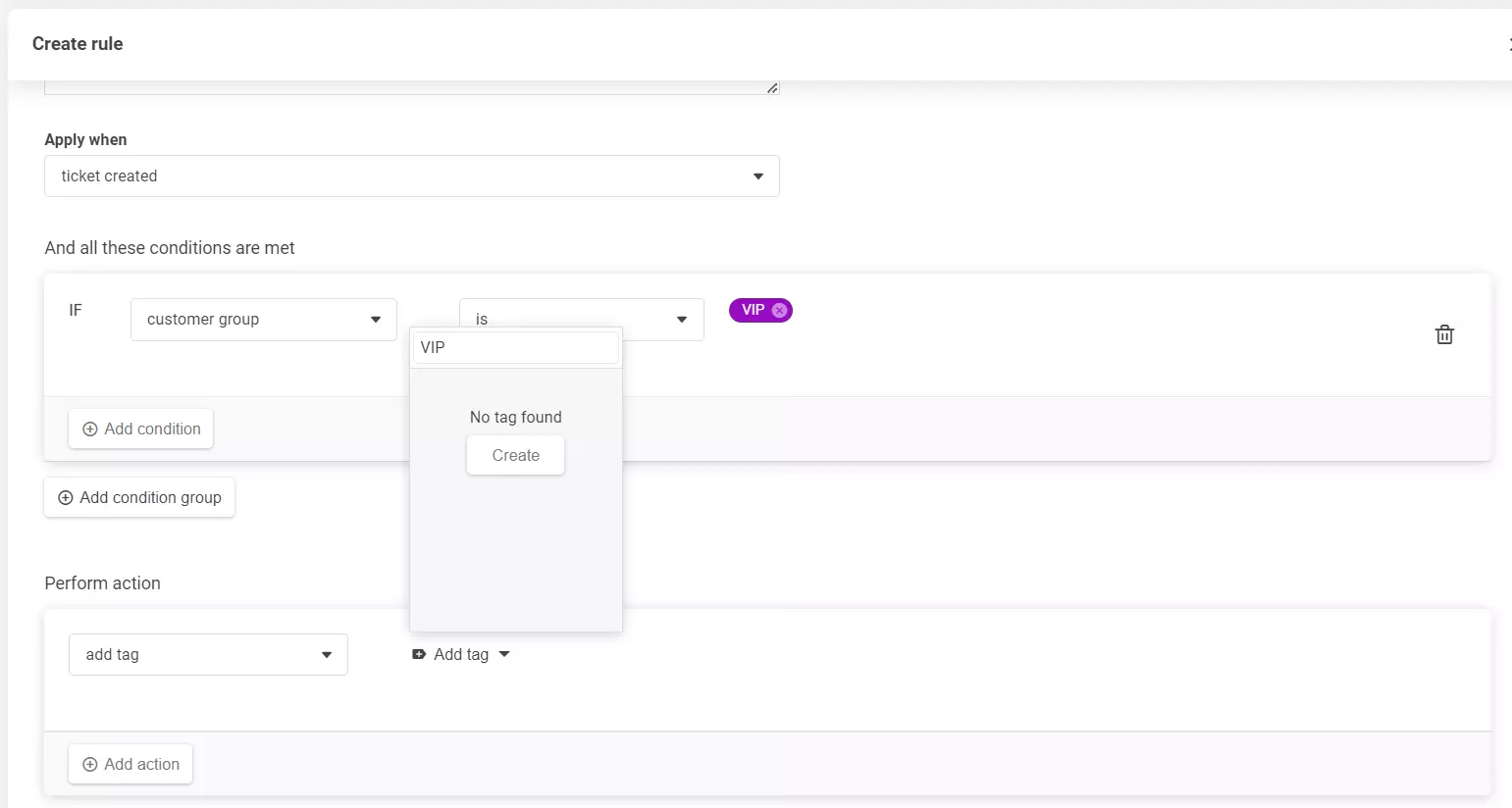 Snímek obrazovky sekce vytvoření pravidla, který ukazuje, jak přidat novou značku.
