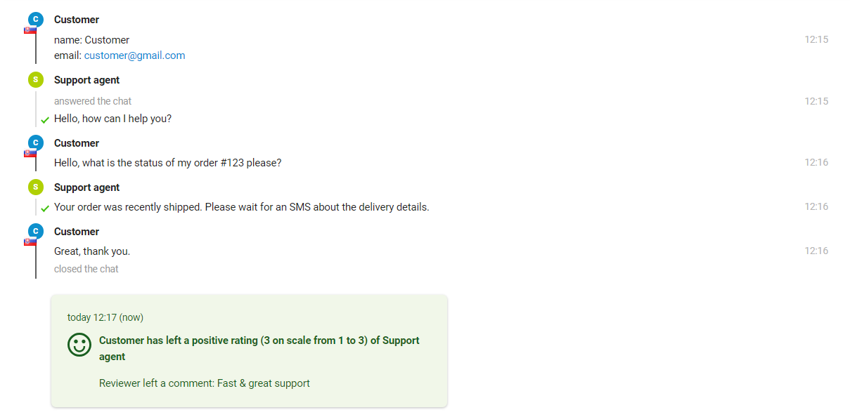 Obrázek ukazuje interakci mezi zákazníkem a agentem podpory, kde agent vidí hodnocení na konci zprávy