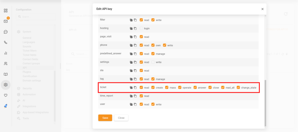 Sekce Upravit klíč API v LiveAgent zobrazující nová oprávnění 'close' a 'change_state'