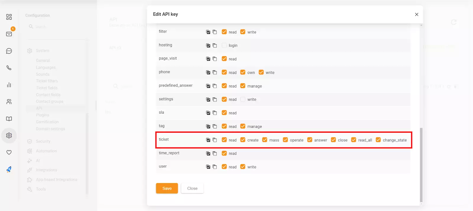 Sekce Upravit klíč API v LiveAgent zobrazující nová oprávnění 'close' a 'change_state'
