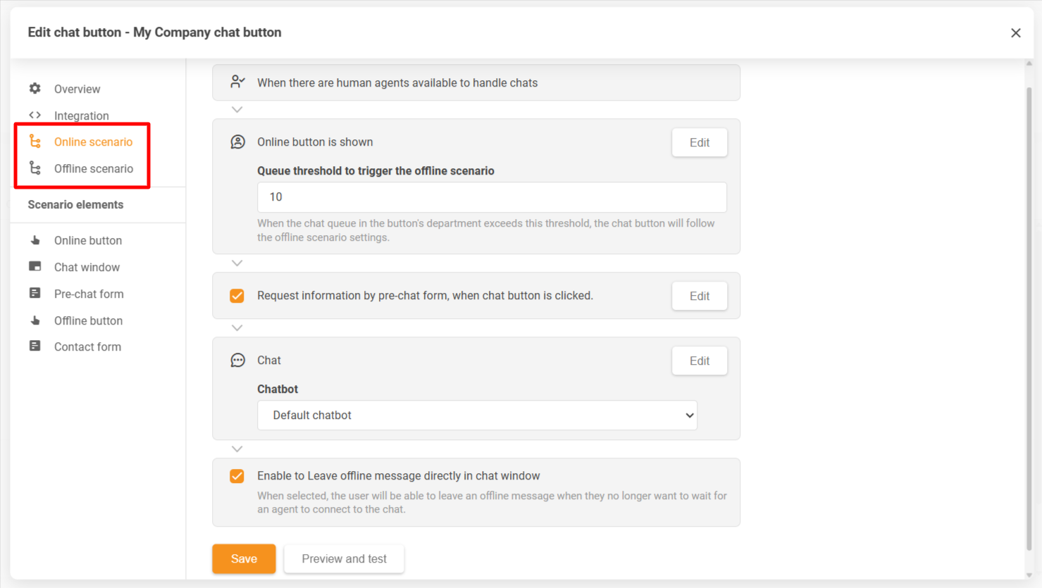 Okno konfigurace tlačítka chatu LiveAgent zobrazující scénáře online a offline