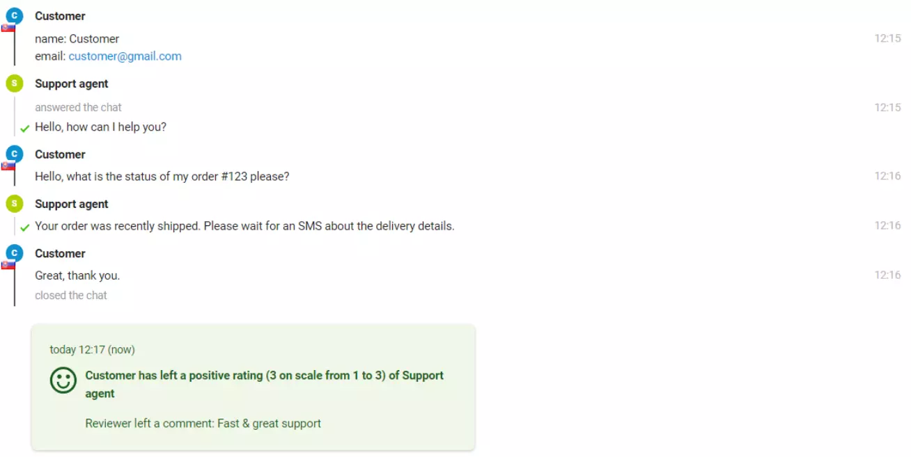 Obrázek chatu se zákazníkem, který zanechal pozitivní hodnocení.