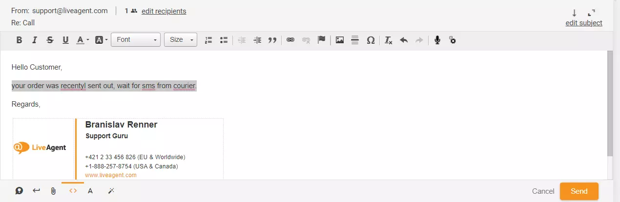 Obrázek ukazující zvýrazněnou odpověď na tiket v LiveAgent