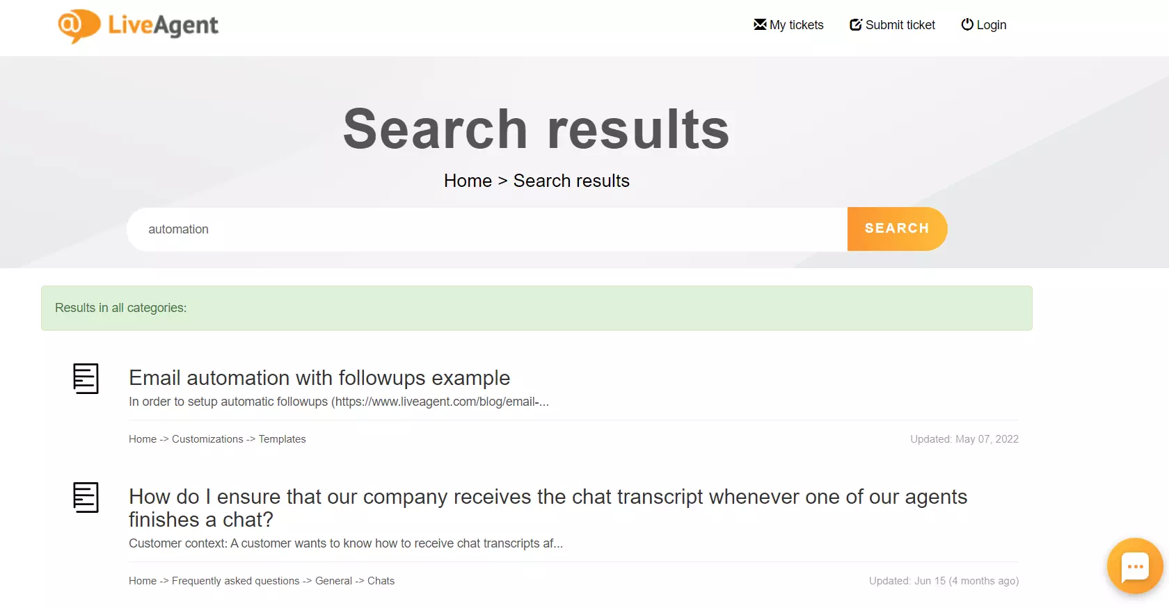 Funkce vyhledávání znalostní báze LiveAgent
