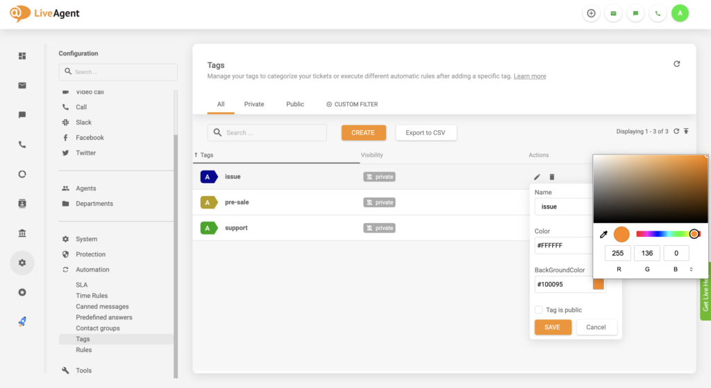 Aktualizace nastavení změny barvy značky v LiveAgent