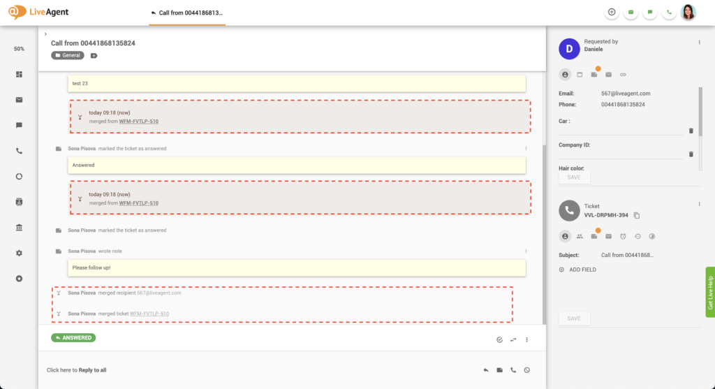 Sloučené vlákno lístku v LiveAgent