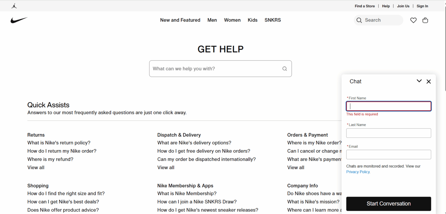 AI chatbot na webové stránce Nike