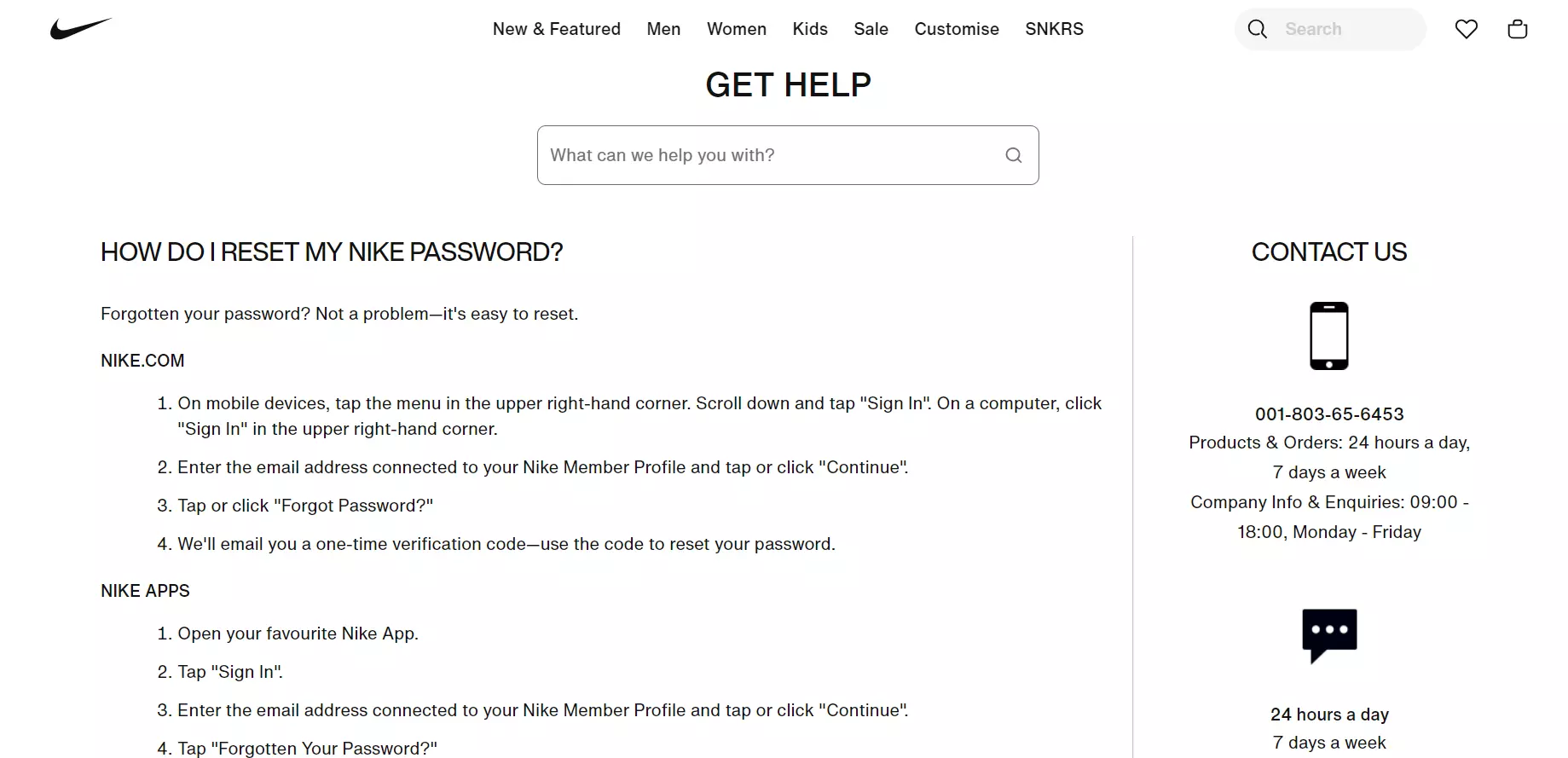 Pohodlné kontaktní informace Nike