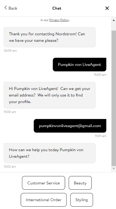 Funkce chatbota Nordstromu