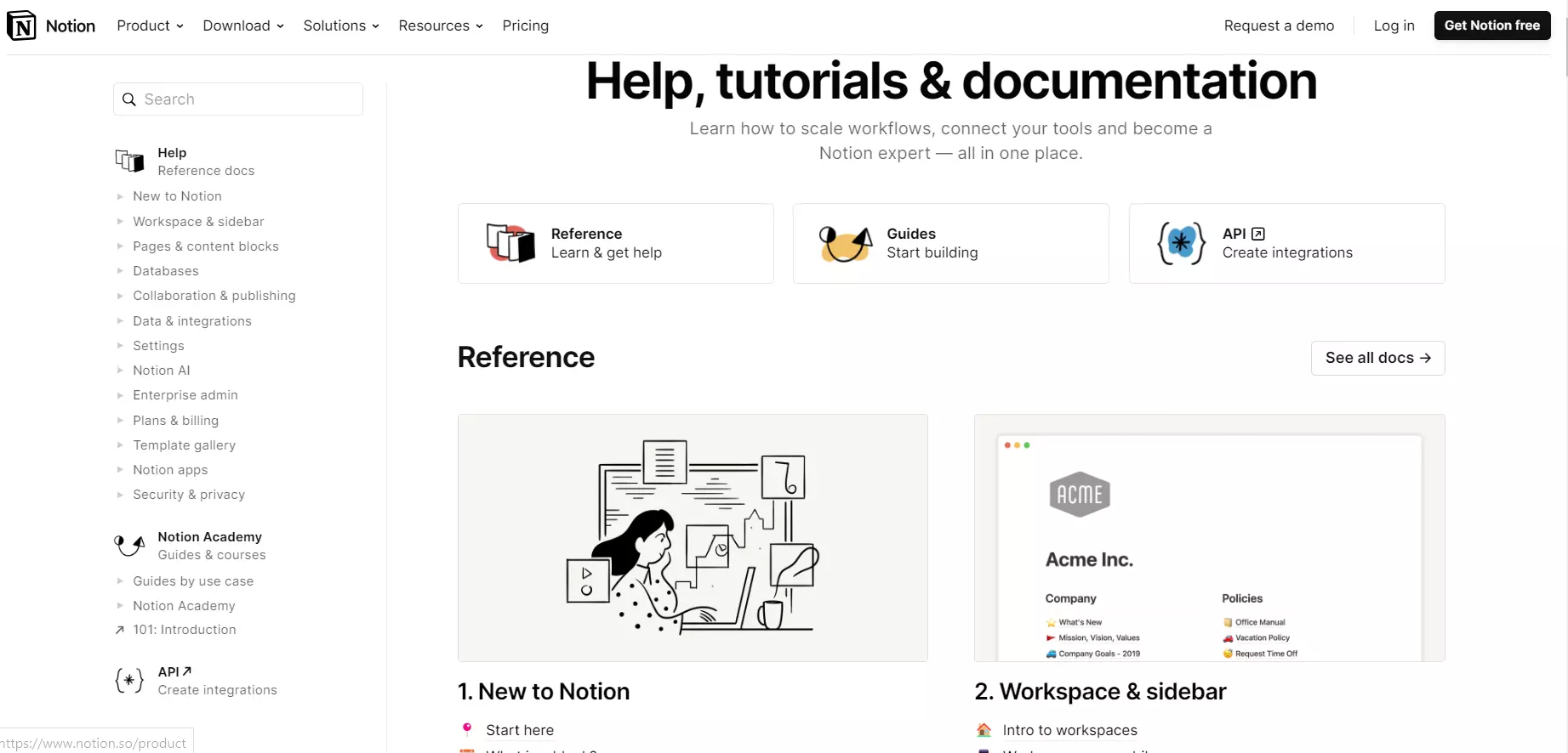 Image of Notion's knowledge base with suggested references and a list of categories on the left sidebar menu