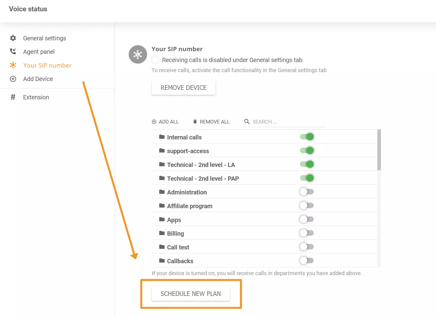 Obrázek ukazující, kde najít novou funkci plánovače hovorů v LiveAgent