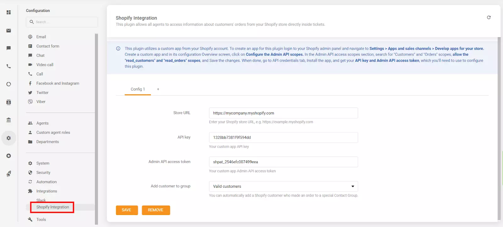 Umístění klíče API a přístupového tokenu API v sekci konfigurace LiveAgent