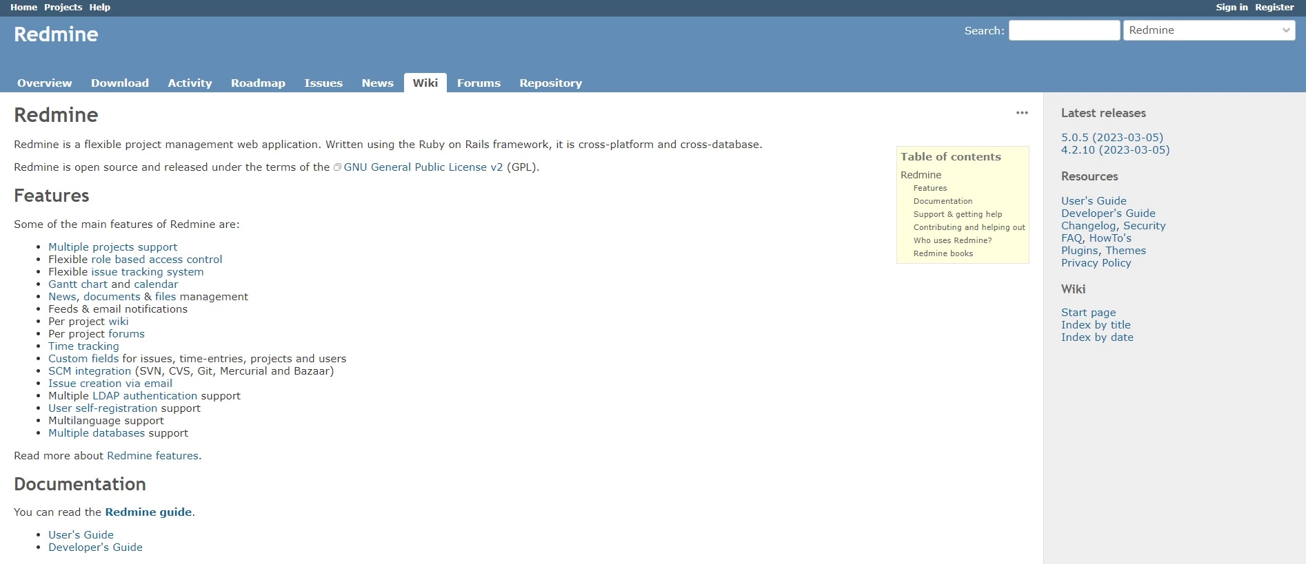 Domovská stránka Redmine - open-source platforma, která vám pomůže automatizovat procesy a pomoci s plánováním úkolů, aby se zlepšila efektivita ve vaší společnosti.