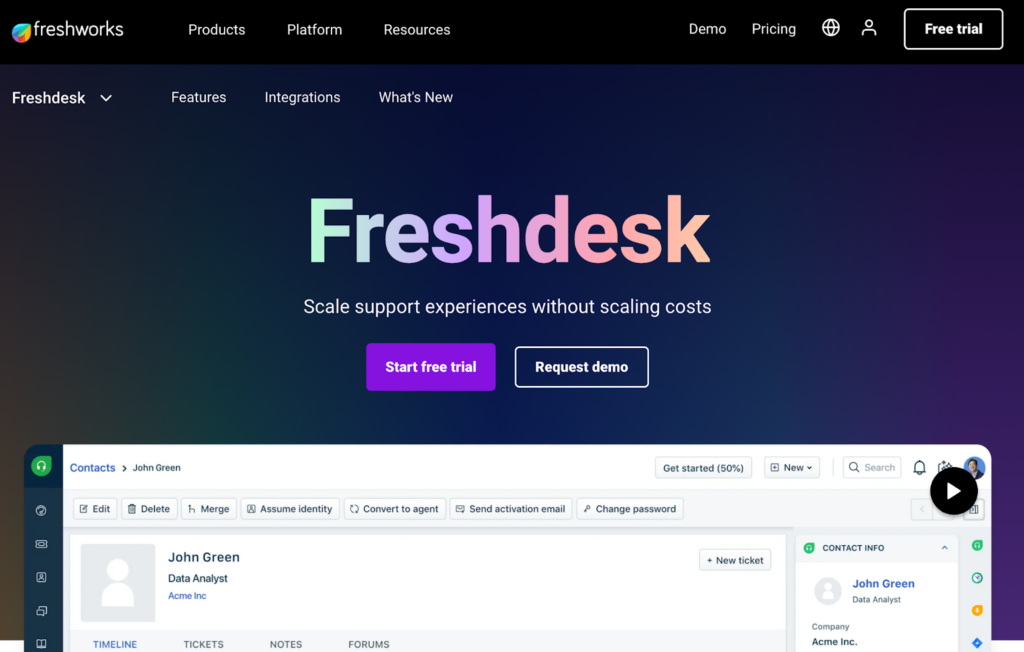 Domovská stránka Freshdesk, alternativa Help Scout pro software help desk