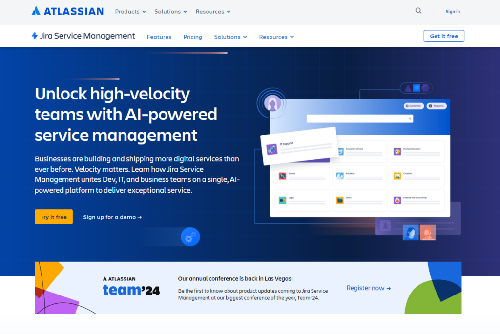 Domovská stránka Jira Service Management, alternativa Help Scout pro software help desk
