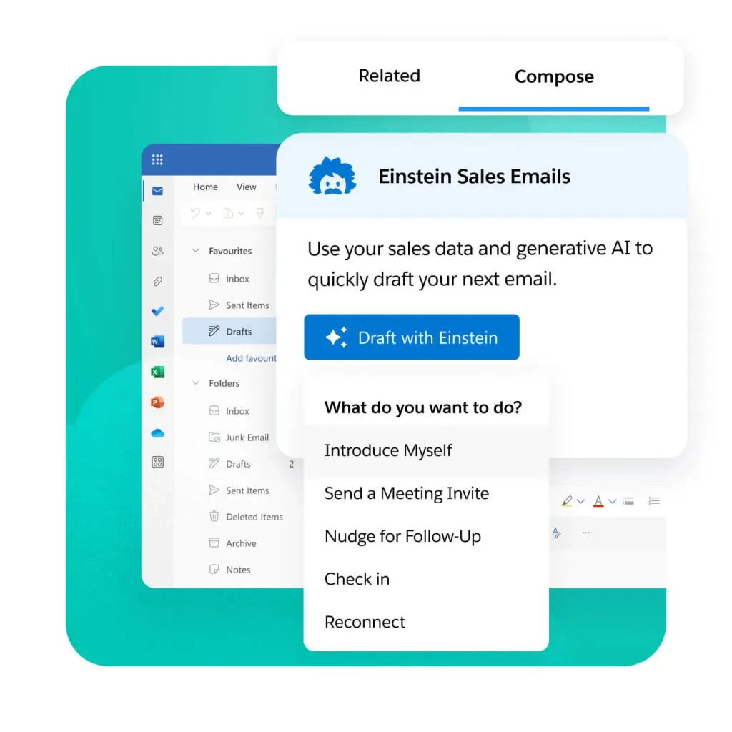 Rozhraní Salesforce Einstein Sales Emails zobrazující možnosti AI-poháněného vytváření e-mailů.