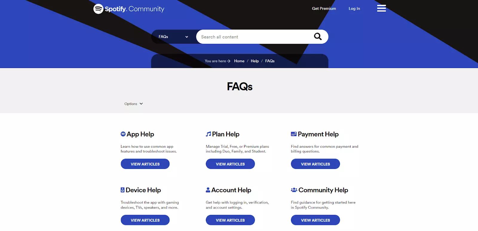 Stránka s často kladenými otázkami Spotify