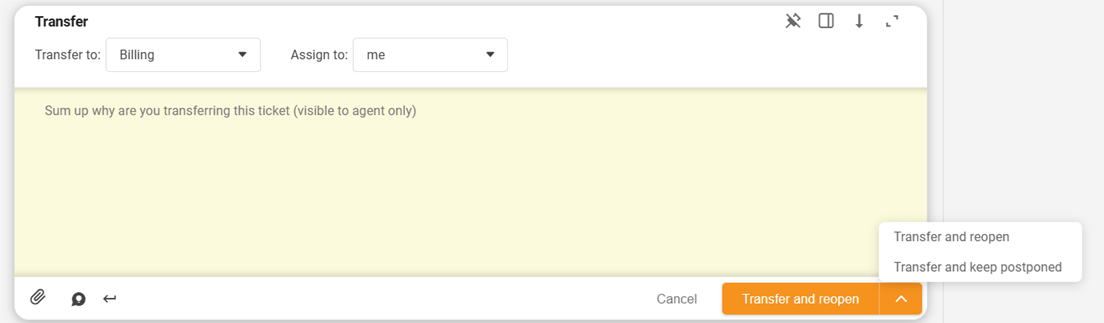 Dialog převodu tiketu LiveAgent s novým rozbalovacím tlačítkem pro znovuotevření/odložení