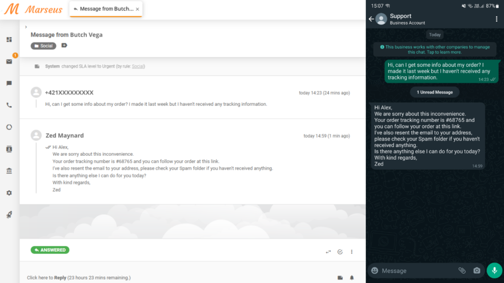 Zpráva WhatsApp zobrazená jako lístek v LiveAgent