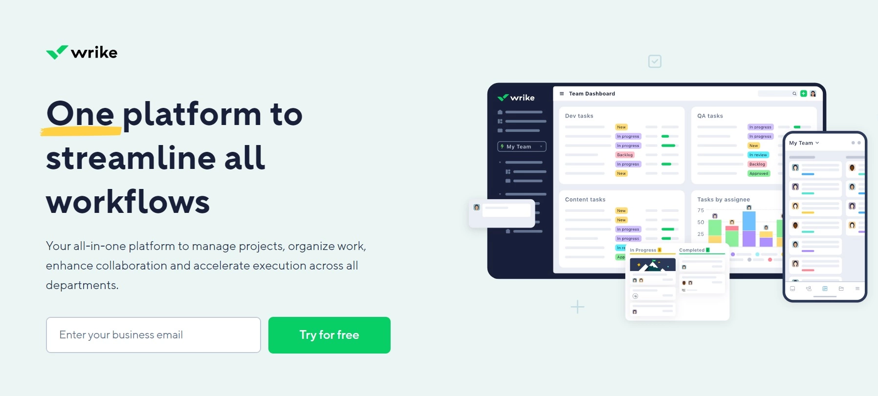 Domovská stránka Wrike - komplexní platforma pro správu projektů, organizaci práce a zlepšení spolupráce v rámci oddělení.