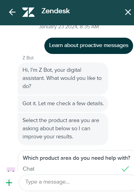 Obrázek ukazující, jak vypadá konverzace live chat Zendesk