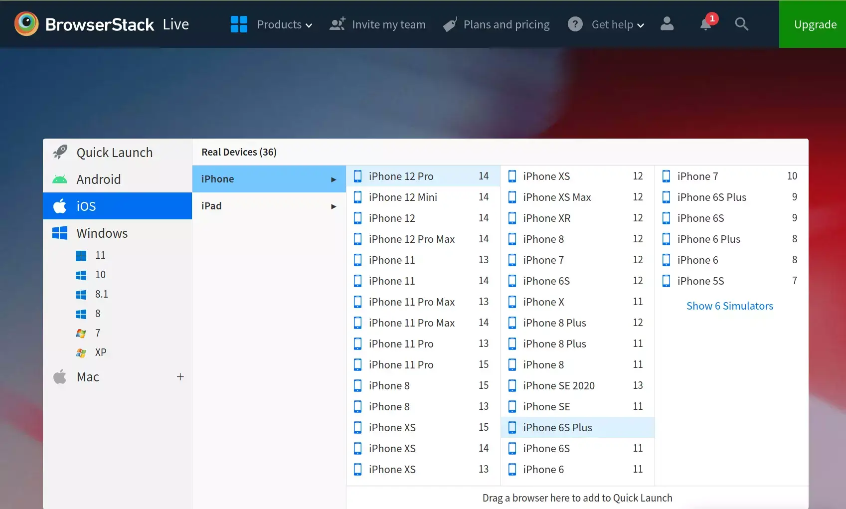 BrowserStack simuluje mnoho mobilních platforem a verzí operačních systémů