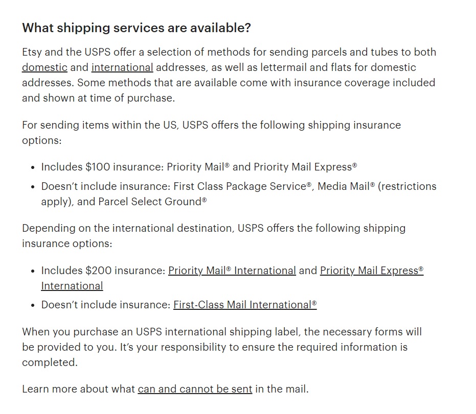 Dostupné služby doručování Etsy
