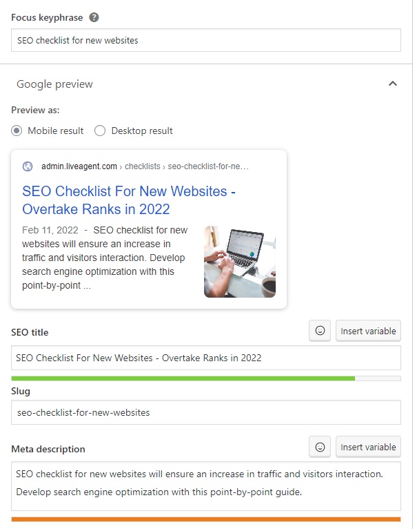 LiveAgent - příklad klíčové fráze, SEO titulku a meta popisu