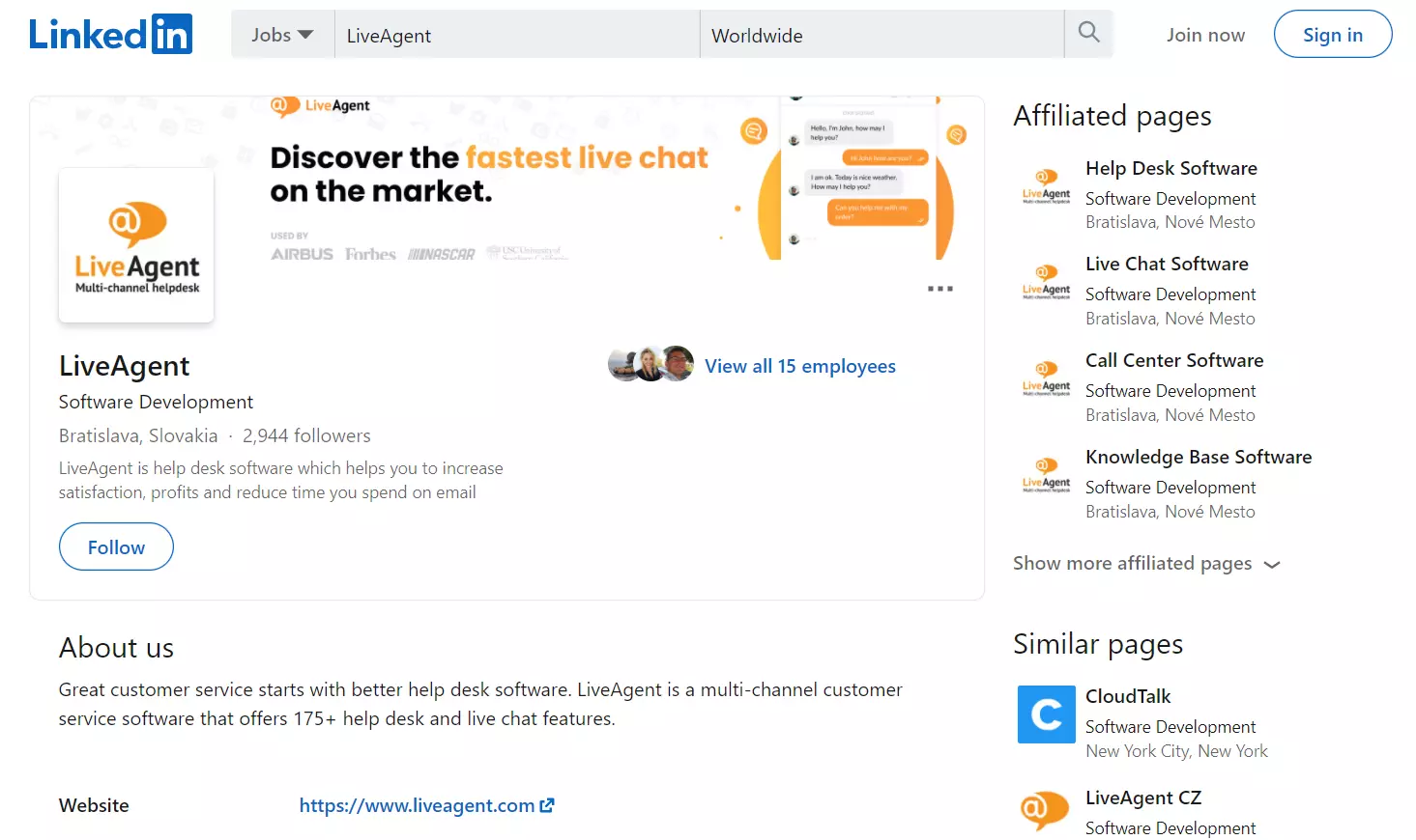 LiveAgent's LinkedIn page