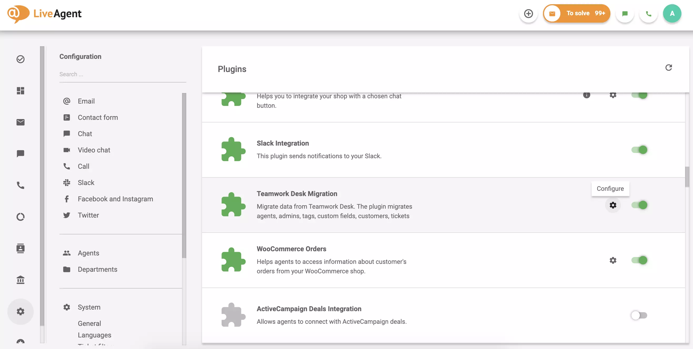 Klikněte na konfiguraci v aktivním pluginu