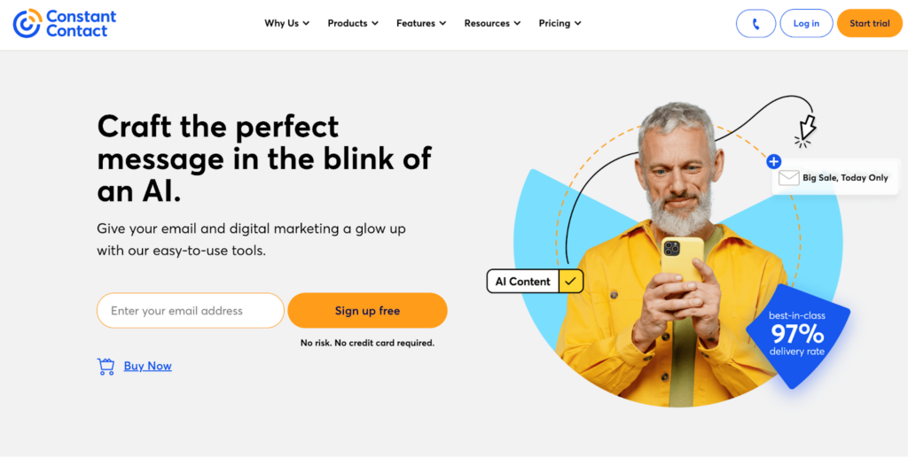 Domovská stránka Constant Contact, software pro e-mailový marketing a správu