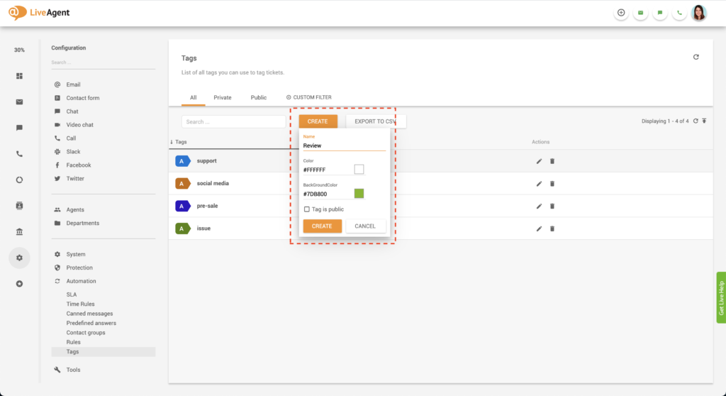 Vytváření vlastních značek v LiveAgent