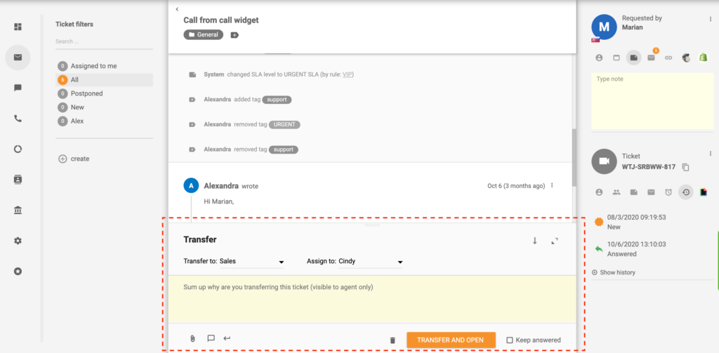 Přesunutí tiketu v LiveAgent