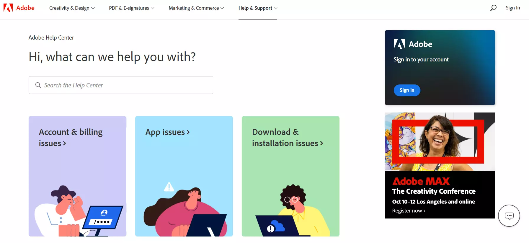 Cílová stránka znalostní báze Adobe, která ukazuje jejich systém správy znalostí.