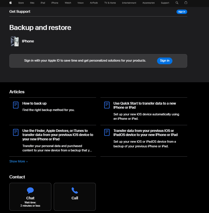 Stránka podpory Apple zobrazující jejich možnosti podpory